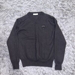 Versace Collection Womens Black Pure Wool V-Neck Sweater Stitched Logo Authentic